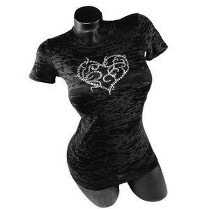 Black Fitted Burn Out Tee with Swarovski Crystals Heart. ** ONLY 1 *** SM